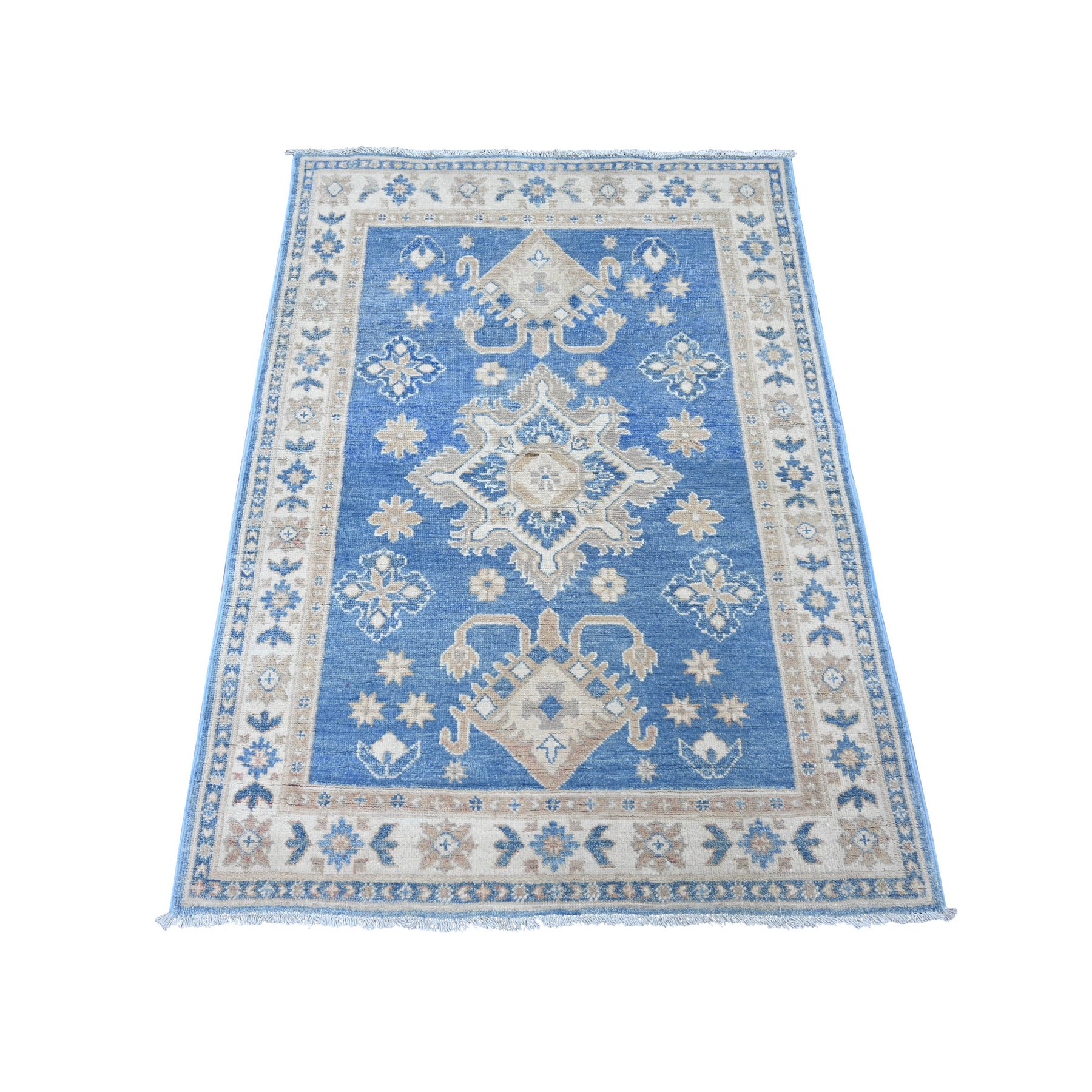 3'4"x4'7" Marlin Blue, Vintage Look Kazak with Geometric Medallions, Hand Knotted, 100% Wool, Natural Dyes, Oriental Rug 